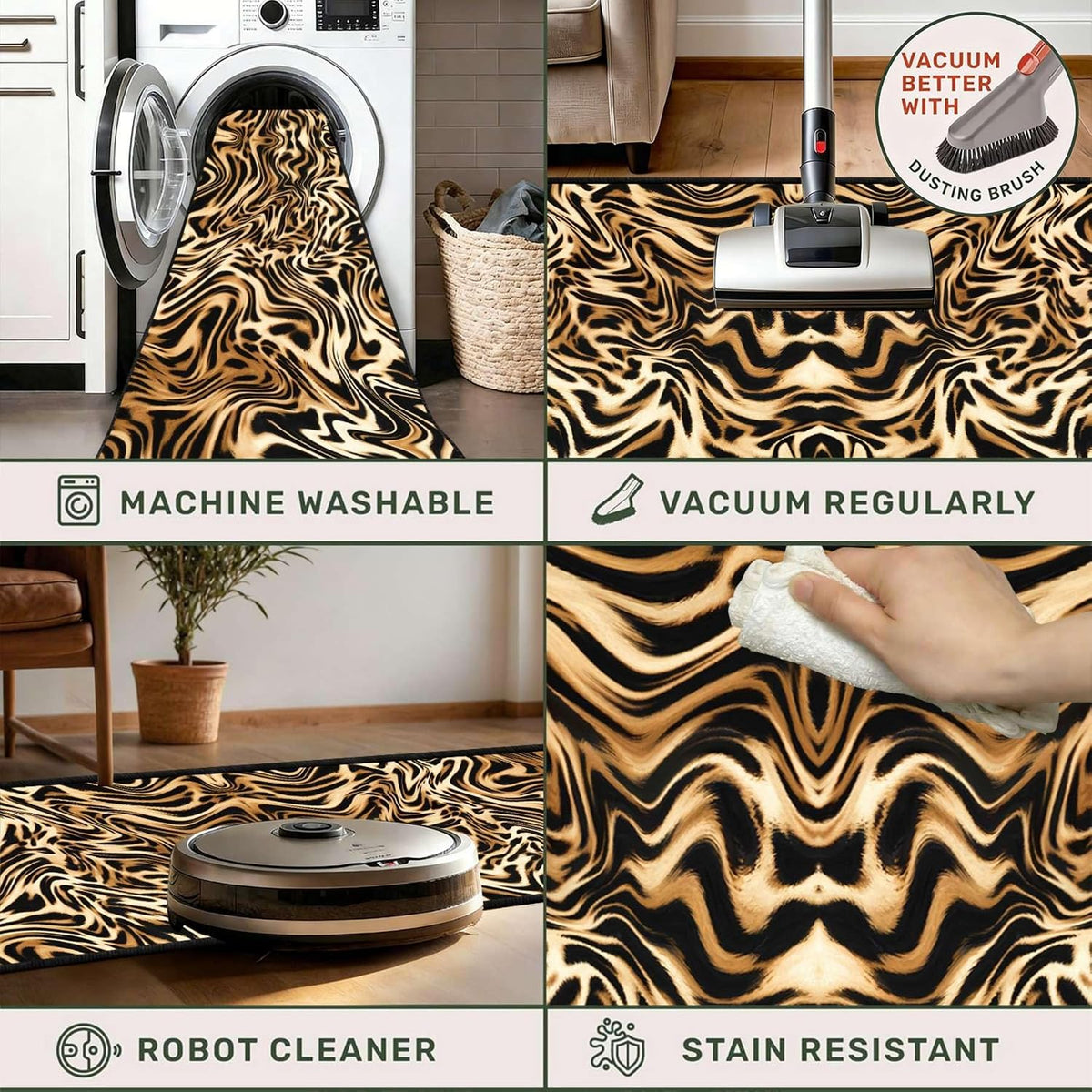 Tiger Stripe Washable Runner Rugs,2x8ft,Black Yellow with TPR Rubber Backing Non Slip Runner Rug for Hallway Kitchen Thin Durable Pet Friendly Bedroom Western Long Bathroom Rug