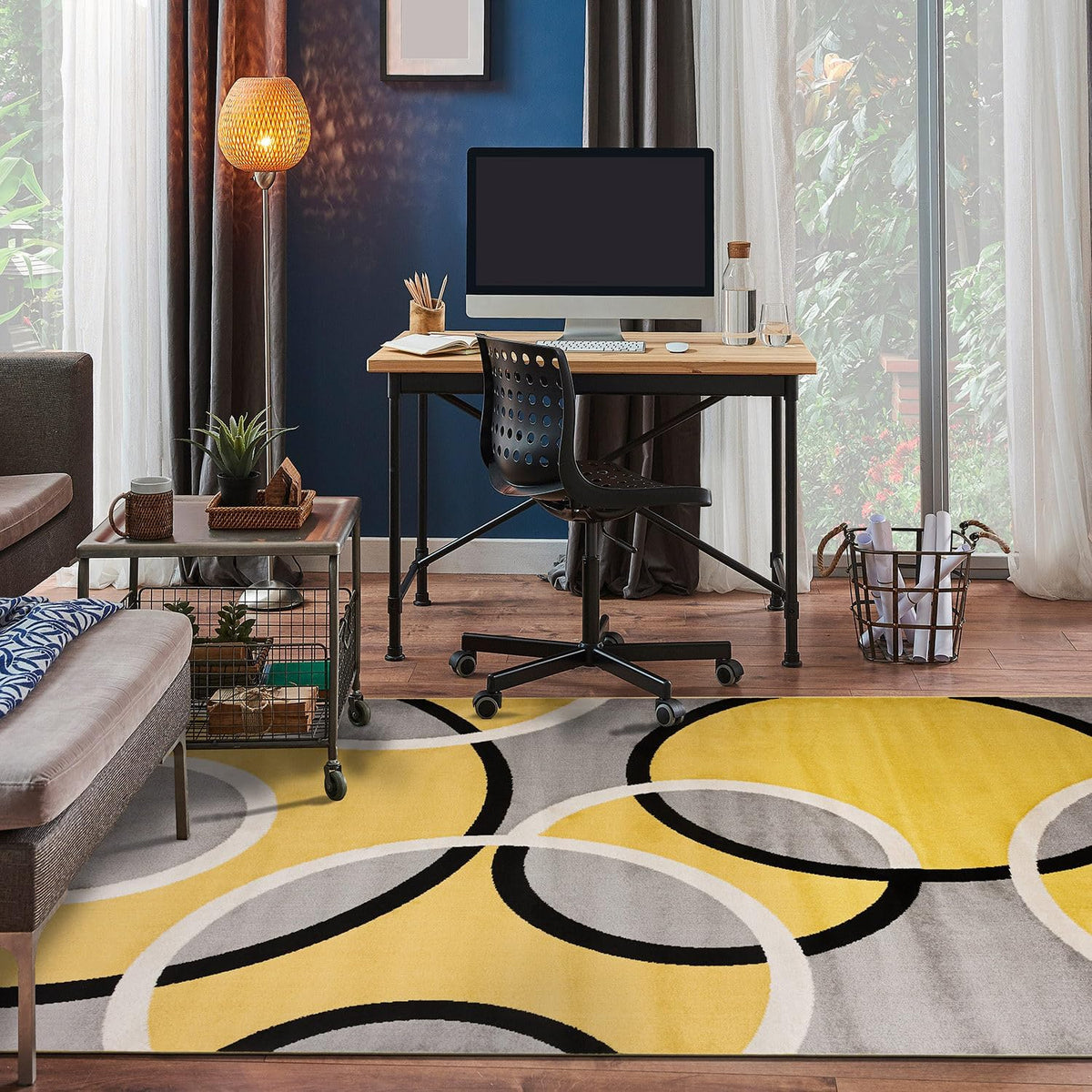 Abstract Circles Contemporary Living Room Area Rug Yellow 6'6" x 9'