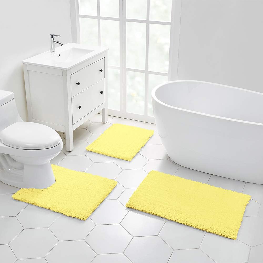 Bathroom Rug Non Slip Bath Mat (36x24 Inch Yellow) Water Absorbent Super Soft Shaggy Chenille Machine Washable Dry Extra Thick Perfect Absorbant Best Large Plush Carpet for Shower Floor