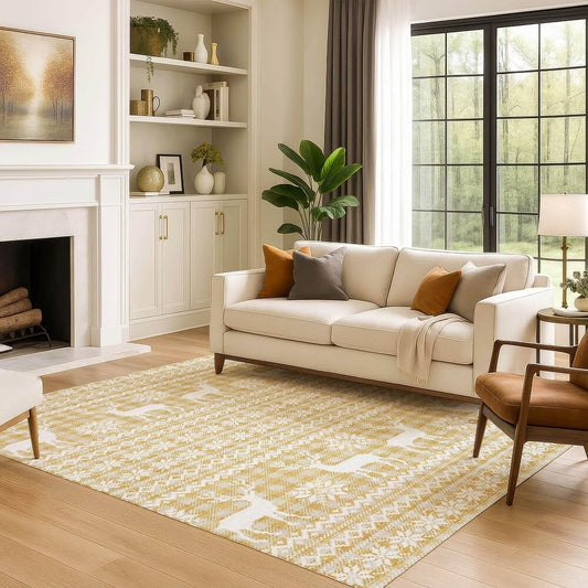 Holiday Festive Theme Soft Plush Thick Pile Christmas Area Rug 2'6" x 3'10"| | Winter Cheer Xmas Playful Deer Snowflakes Plaid Patterns Gold Yellow White Color | Washable Nonslip Indoor Outdoor Rugs