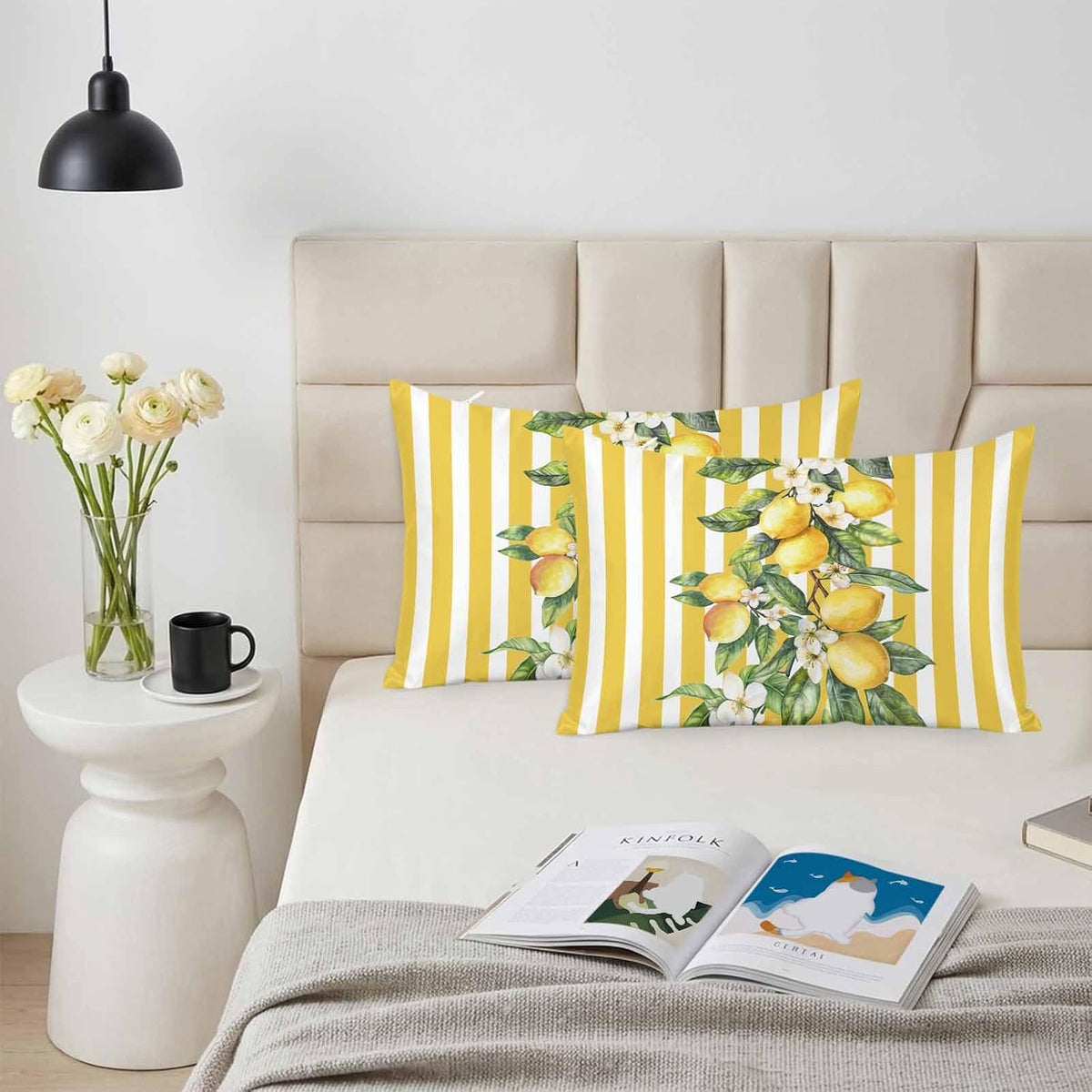 Yellow Lemon Floral Leaf King Standard Pillow Cases Set of 2, Vertical Stripe Satin Pillow Case Cover with Smooth Hidden Zipper Closure, Soft Throw Pillow Covers Cases for Home Decor 20X36 Inch