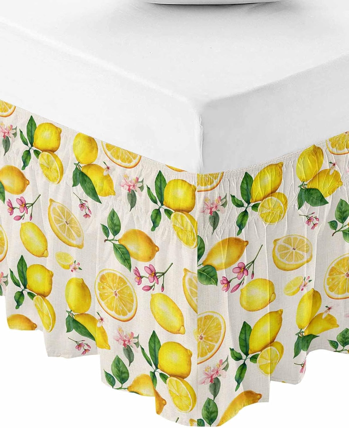 Yellow Lemons Bed Skirt Queen Size 16 Inch Drop, Adjustable Elastic Wrap Around Bed Skirts Easy Fitting Dust Ruffle Bedskirt Bed Frame Cover Farmhouse Summer Botanical Leaves Flowers