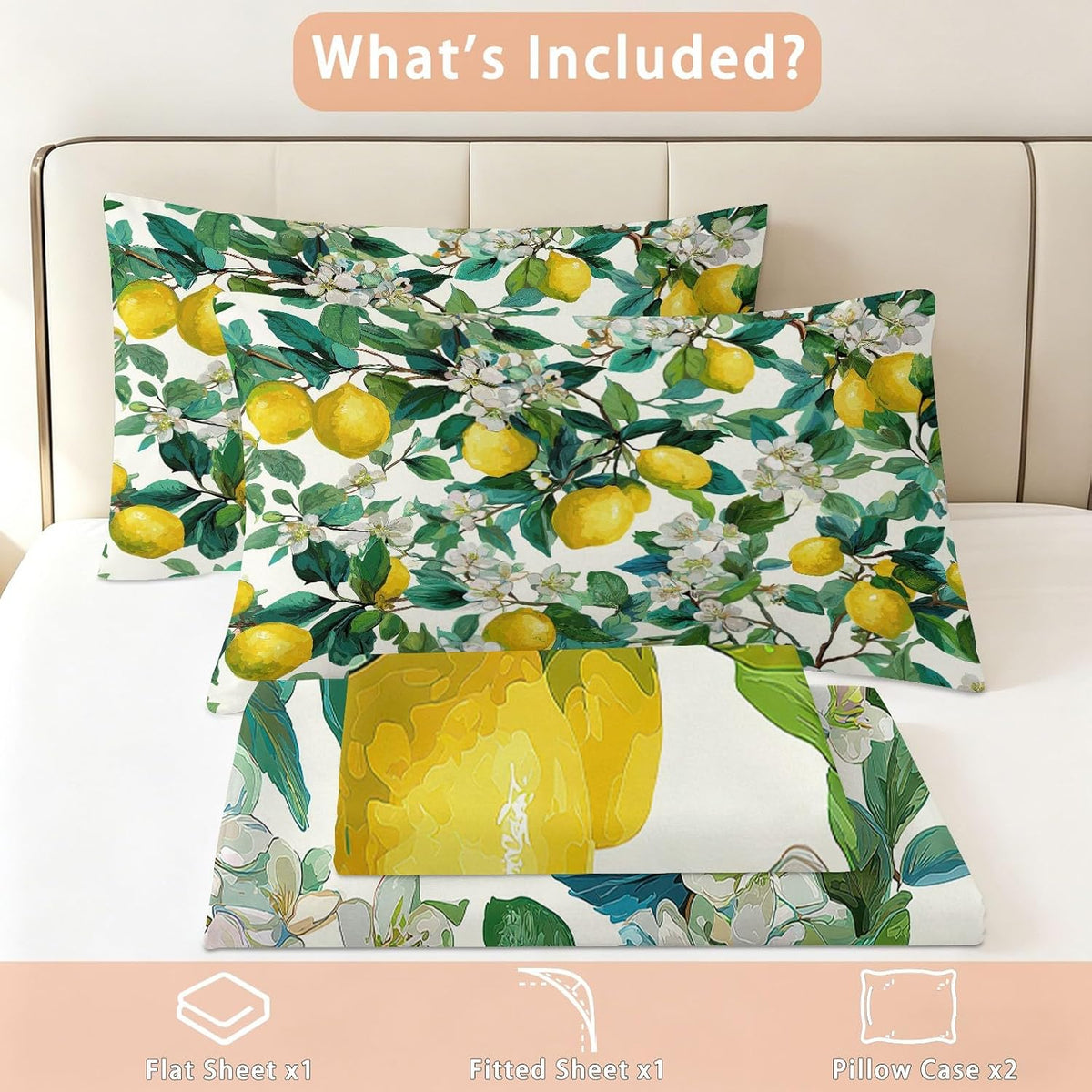 King Size Sheet Set Fruits Floral – 4 Piece Bed Sheets Fresh Yellow Lemons White Flowers, Soft Microfiber, Includes 1 Fitted Sheet, 1 Flat Sheet and 2 Pillowcases, for Guest Room, Yellow White
