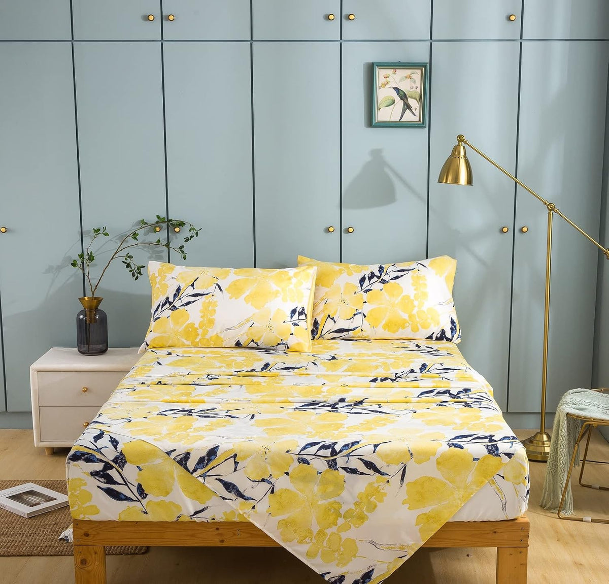 Tache Contemporary Watercolor Nature Spring Print Leaves Floral Bright Light Yellow Ivory Black Navy Blue Soft Microfiber Top Flat Sheet, King