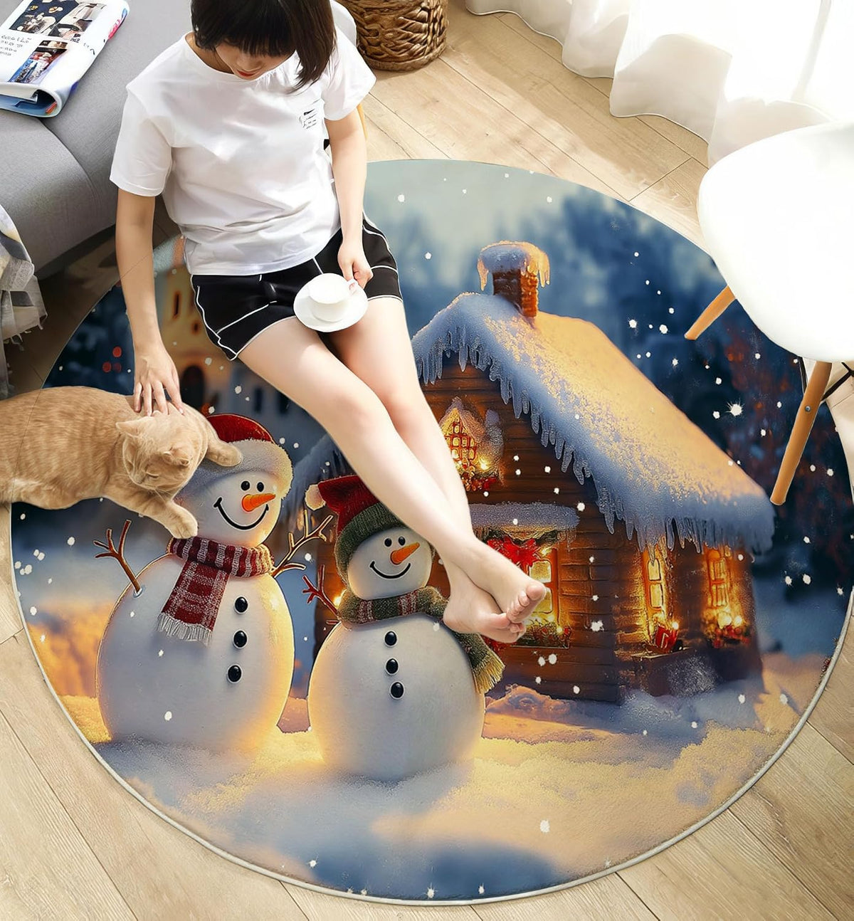 Round Area Rug 3Ft Winter Theme, Washable Yellow Blue Rug for Bedroom, Low-Pile Soft Round Carpet for Living Room, Ideal for High Traffic Areas in Entryway