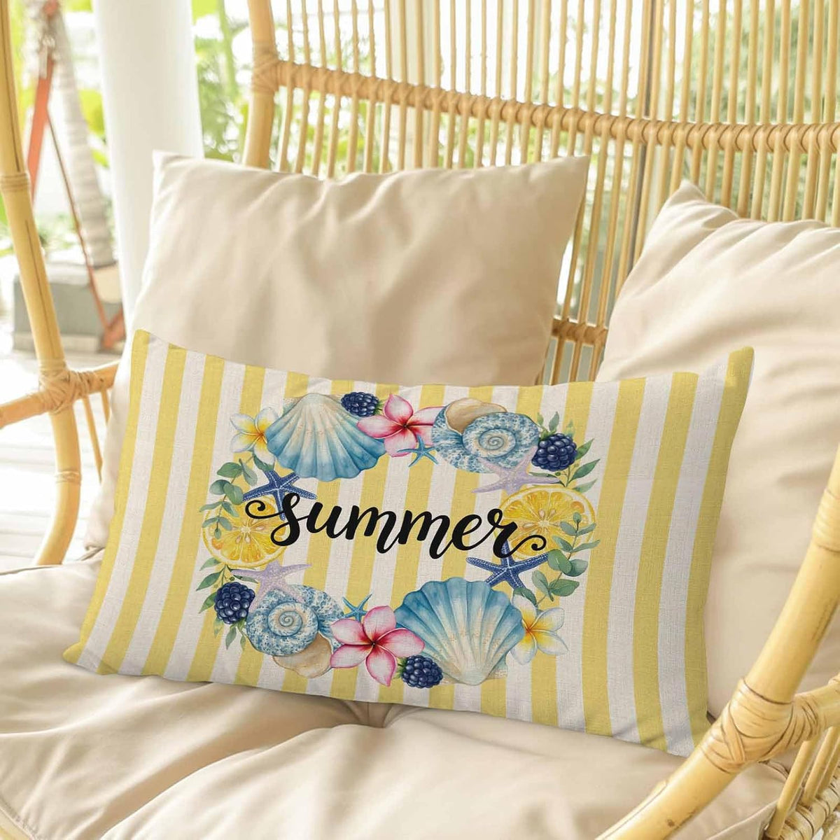 Summer Pillow Covers Lemons Starfish Flower Stripes Yellow Vintage 20x26 Inch - Standard Soft Brushed Microfiber Pillowcases with Hidden Zipper Closure Bed Pillow Shams for Bedroom Sofa Car