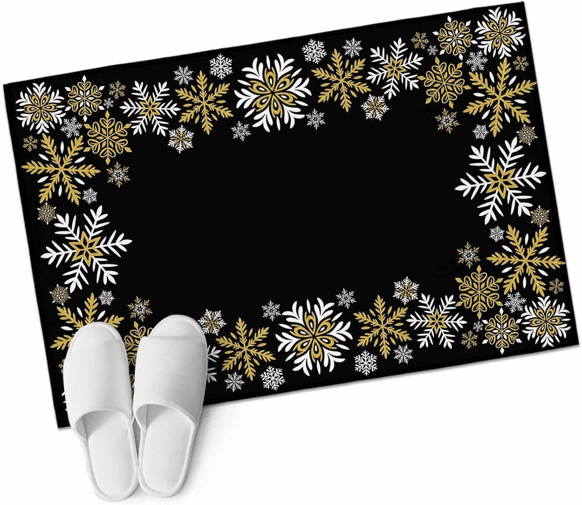 Retro Yellow Snowflake 2x3 Area Rugs for Living Room, Winter Christmas Black Background Non Slip Floor Mat Washable Low-Profile Indoor Carpet for Bedroom, Dining Room, Bathroom