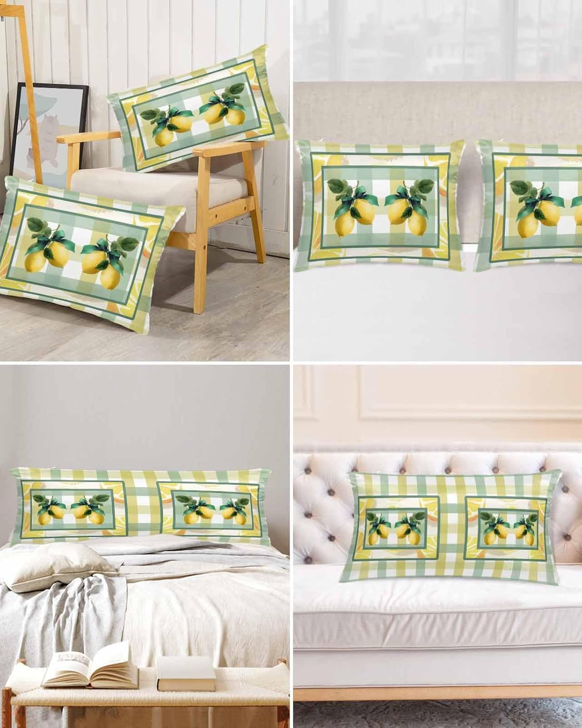 Lemon Pillow Cases Standard Size Set of 2, Satin Pillowcase for Hair and Skin, Botanical Fruit Leaves Bow Yellow Green Striped Throw Pillow Covers Cooling Pillow Protector with Zipper 20"x26"x2