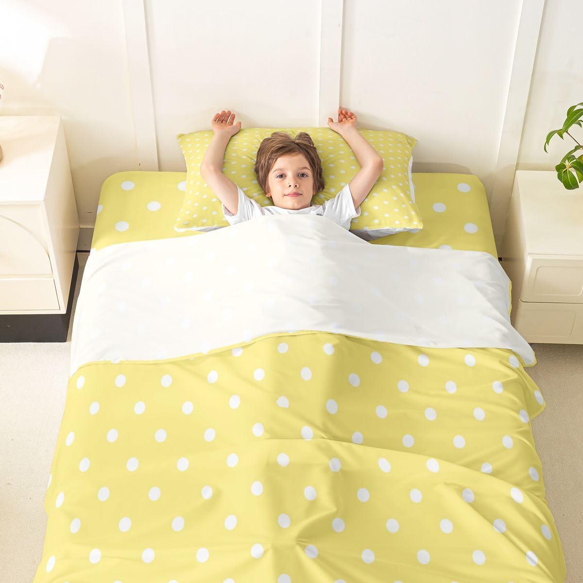 Lemon Yellow Polka Dot Bed Sheets Set Twin Size Cute Polka Dot Bed Set for Kids Boys Girls Simple Fashion Sheet Set Kawaii Style,1 Fitted Sheet+1 Pillow Sham+1 Flat Sheet