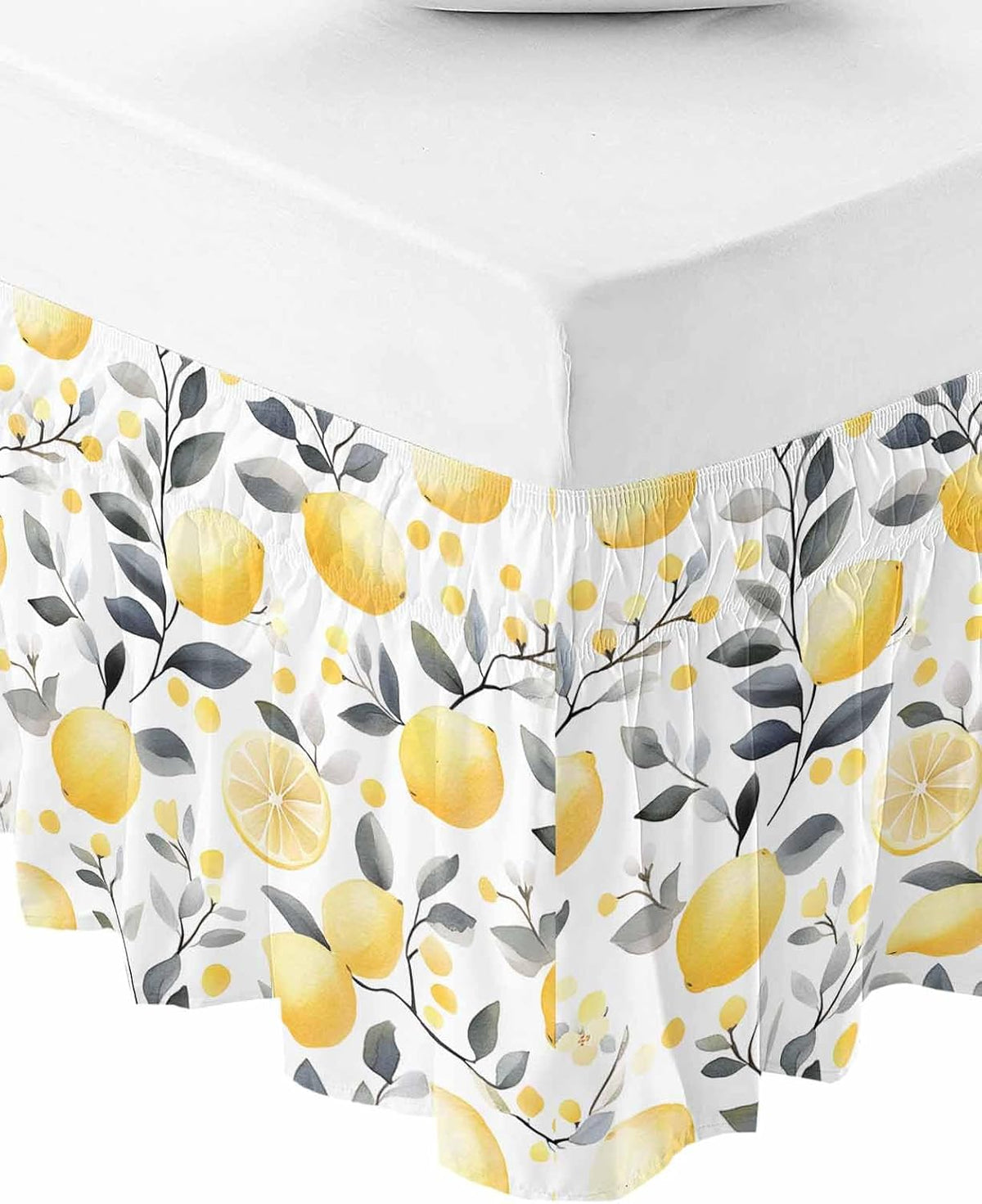 Summer Lemon Bed Skirt Queen Size 16 Inch Drop, Adjustable Elastic Wrap Around Bed Skirts Easy Fitting Dust Ruffle Bedskirt Bed Frame Cover Botanical Yellow Fruits Grey Leaf