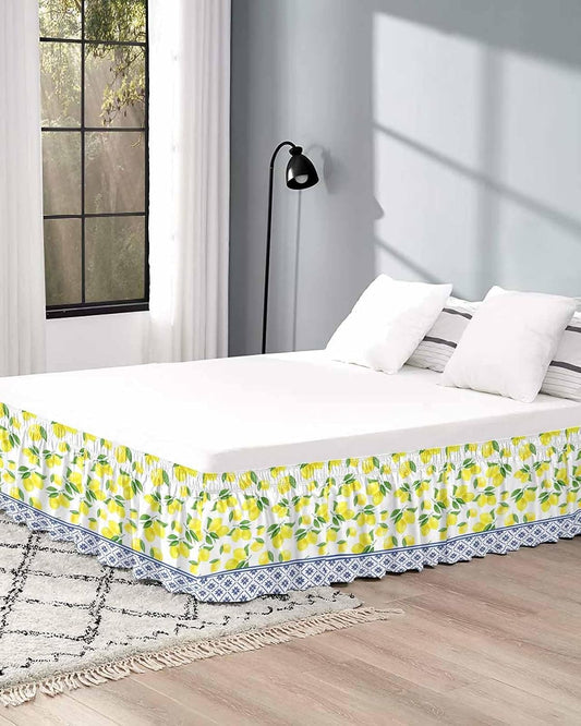 Yellow Lemons Bed Skirt Queen Size 16 Inch Drop, Adjustable Elastic Wrap Around Bed Skirts Easy Fitting Dust Ruffle Bedskirt Bed Frame Cover Watercolor Summer Botanical Elegant Pastoral