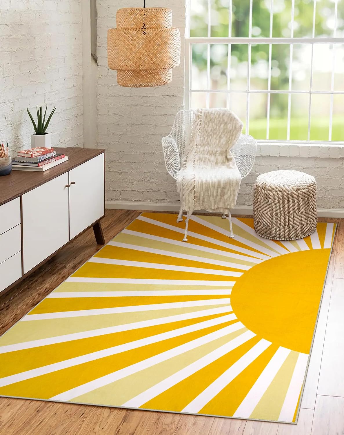 Yellow Rainbow Sun Area Rug 5x7, Classroom Rug