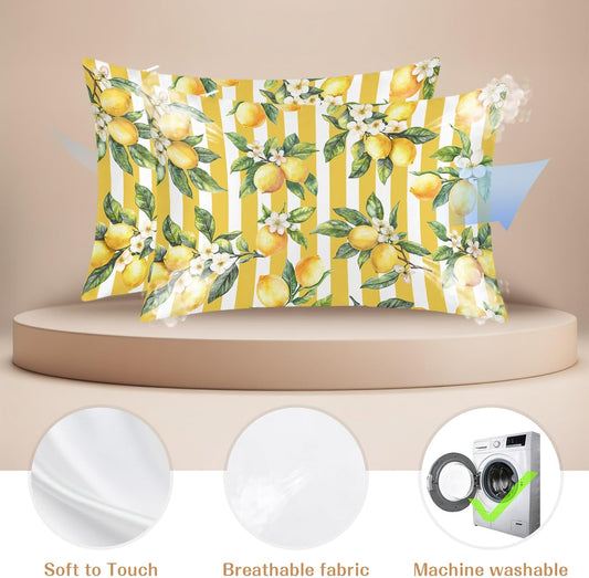 Lemon Leaves Pillow Cases Standard Size Set of 2, Yellow Vertical Stripes Spring Flowers Satin Pillowcase with Zipper for Hair/Skin, Decorative Pillow Covers for Bed/Couch/Sofa, 20x26 Inches