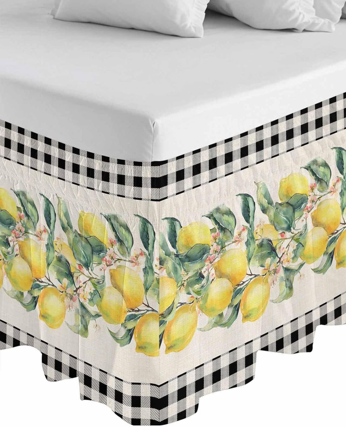 Yellow Lemons Wrap Around Bed Skirt Queen Size, Dust Ruffled 16 Inch Tailored Drop with Adjustable Elastic Belt Pleated, Summer Botanical Black White Plaid Rustic Luxury Bedding Skirts for Bedroom