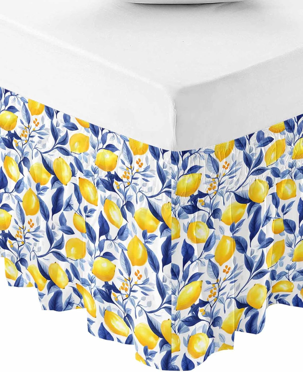Summer Lemon Bed Skirt Queen Size 16 Inch Drop, Adjustable Elastic Wrap Around Bed Skirts Easy Fitting Dust Ruffle Bedskirt Bed Frame Cover Watercolor Yellow Blue Garden Floral