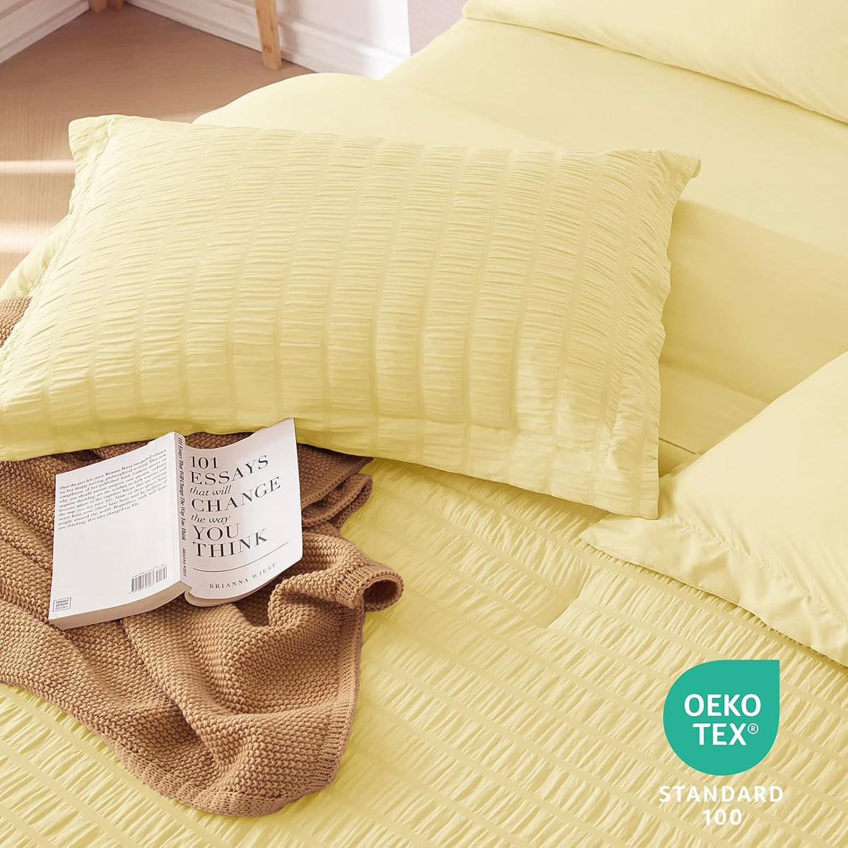 5 Pieces Twin XL Comforter Set, Seersucker Bed in a Bag Twin XL Size, All Season Luxury Bedding Set with Comforter, Flat Sheet, Fitted Sheet, Pillowcase & Sham, Yellow