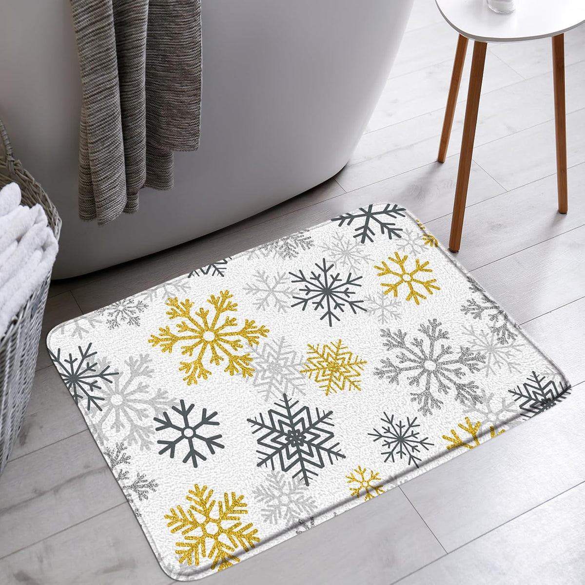 3pcs Yellow Snowflake Bath Mat Set Christmas Winter Holiday Happy New Year Bathroom Bathtub Area Rugs Toilet Decor (16x24 in)