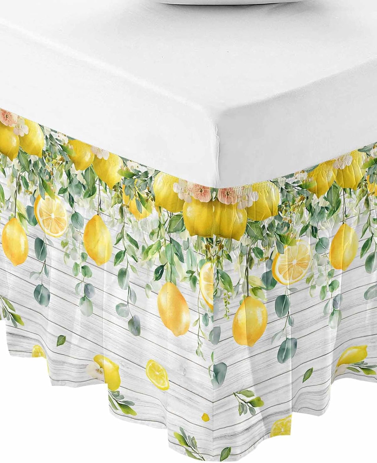 Yellow Lemon Bed Skirt Queen Size 16 Inch Drop, Adjustable Elastic Wrap Around Bed Skirts Easy Fitting Dust Ruffle Bedskirt Bed Frame Cover Green Eucalyptus Wood Grain Farmhouse