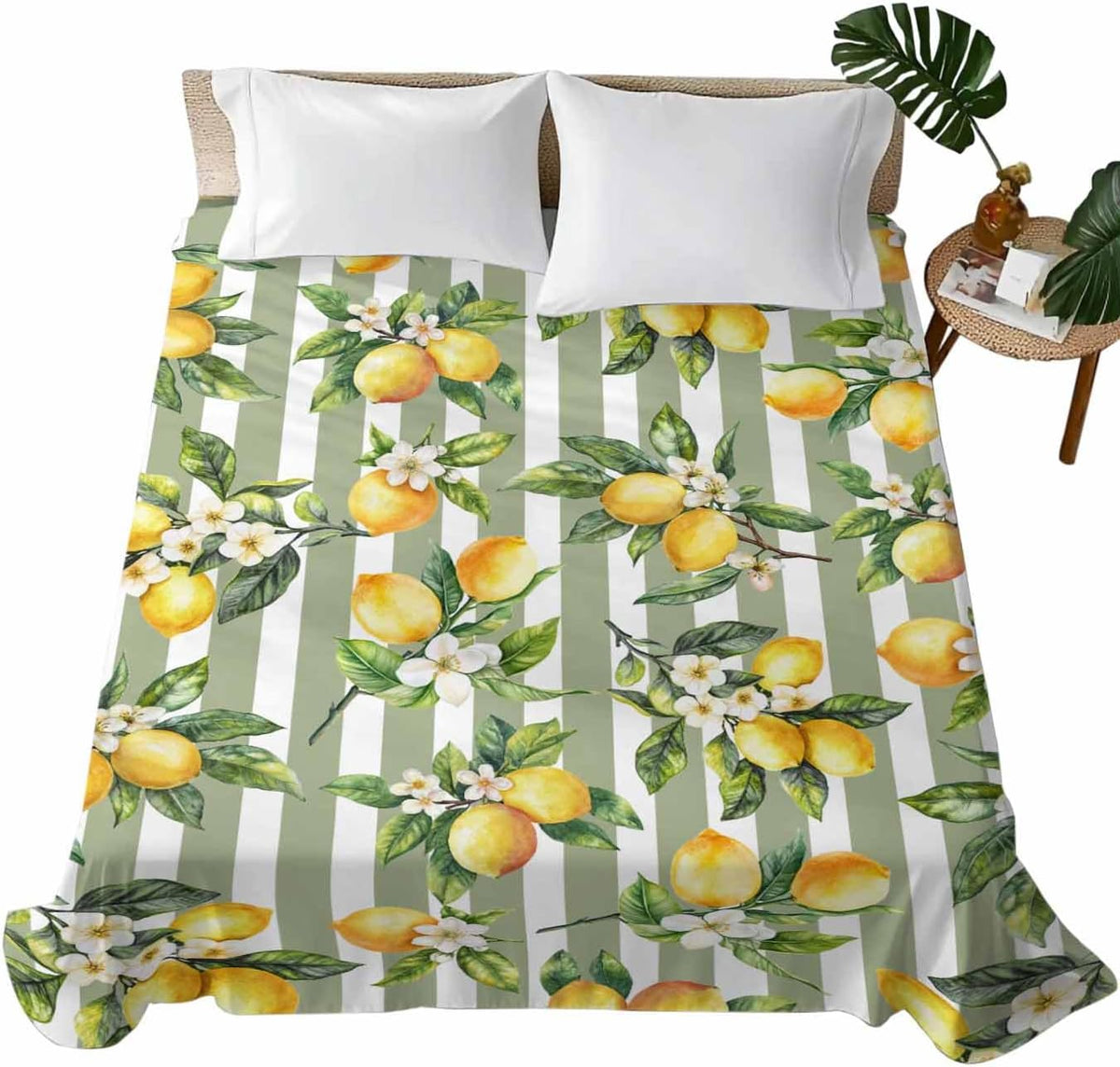 Twin Flat Sheet Only,Vintage Farm Lemon Flowers Top Sheet Breathable Soft Brushed Polyester Microfiber Bed Sheets,Yellow Fruit on Sage Green Stripe Hotel Luxury Bedding Sheets for Women,Men,Teens