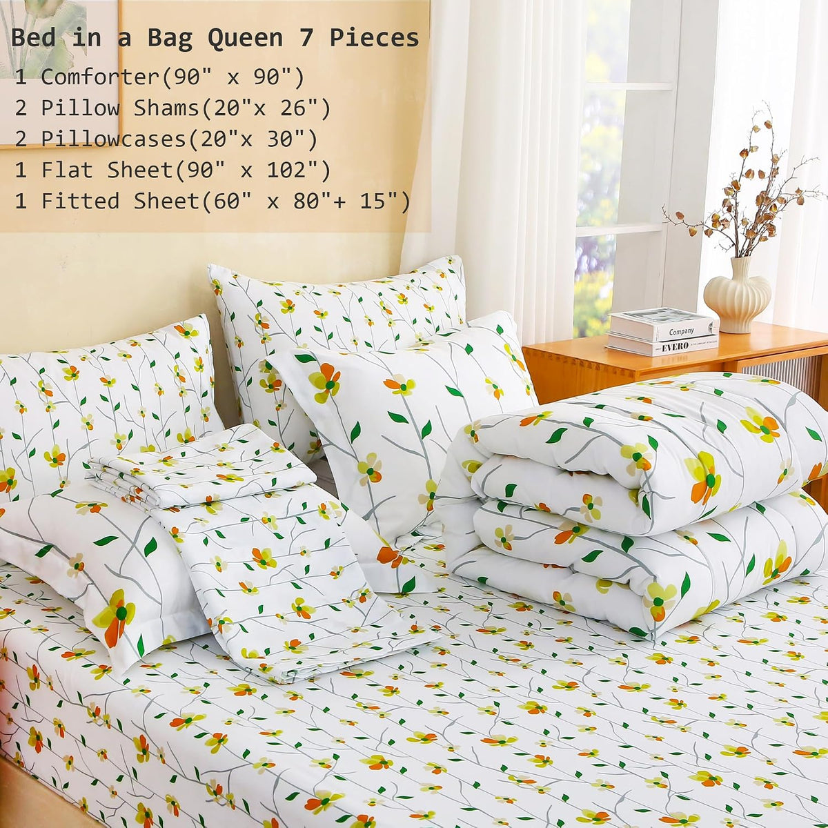 lasoftan Floral Queen Comforter Set with Sheets, 7 piece Luxury Vintage Bedding, Soft Microfiber Bed in a Bag, Cozy Lightweight Bed Set, Yellow Flower