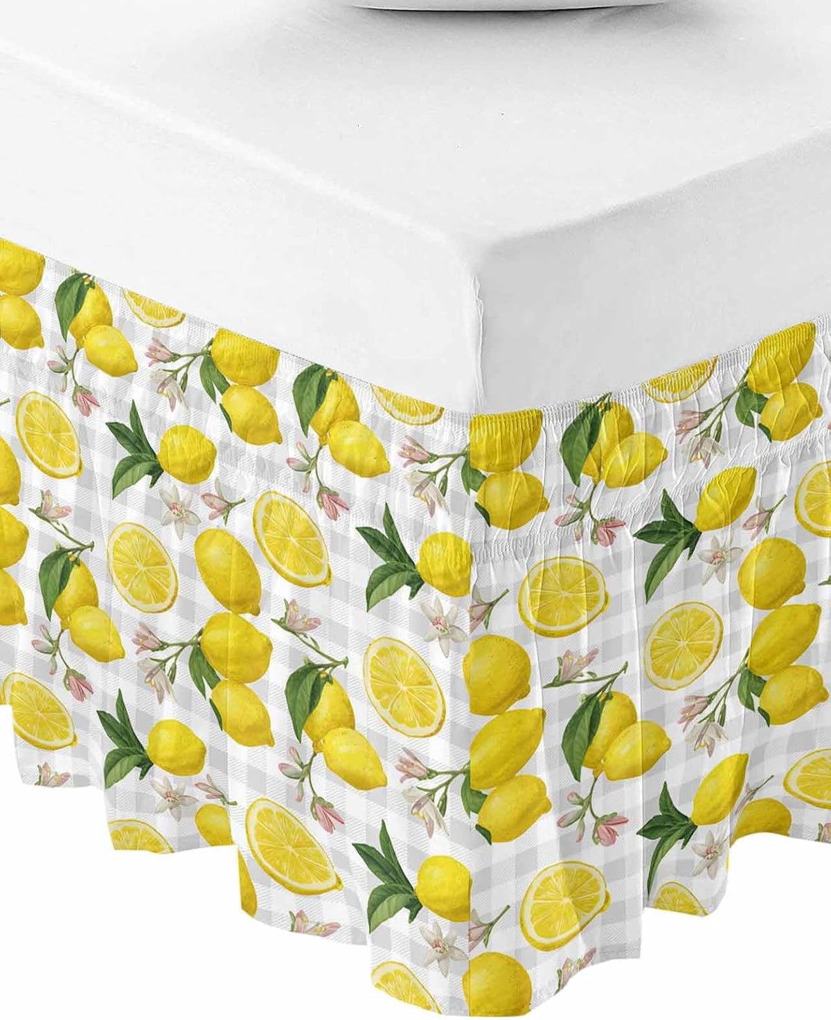Yellow Summer Lemon Bed Skirt Queen Size 16 Inch Drop, Adjustable Elastic Wrap Around Bed Skirts Easy Fitting Dust Ruffle Bedskirt Bed Frame Cover Summer Botanical Gray Plaid