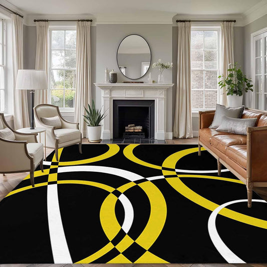 Modern Abstract Art 6x9 Area Rug for Living Room Bedroom, Yellow White Geometric Circle Washable Rugs Absorbent Non-Slip Indoor Large Carpet for Dining Room Home Office Decor