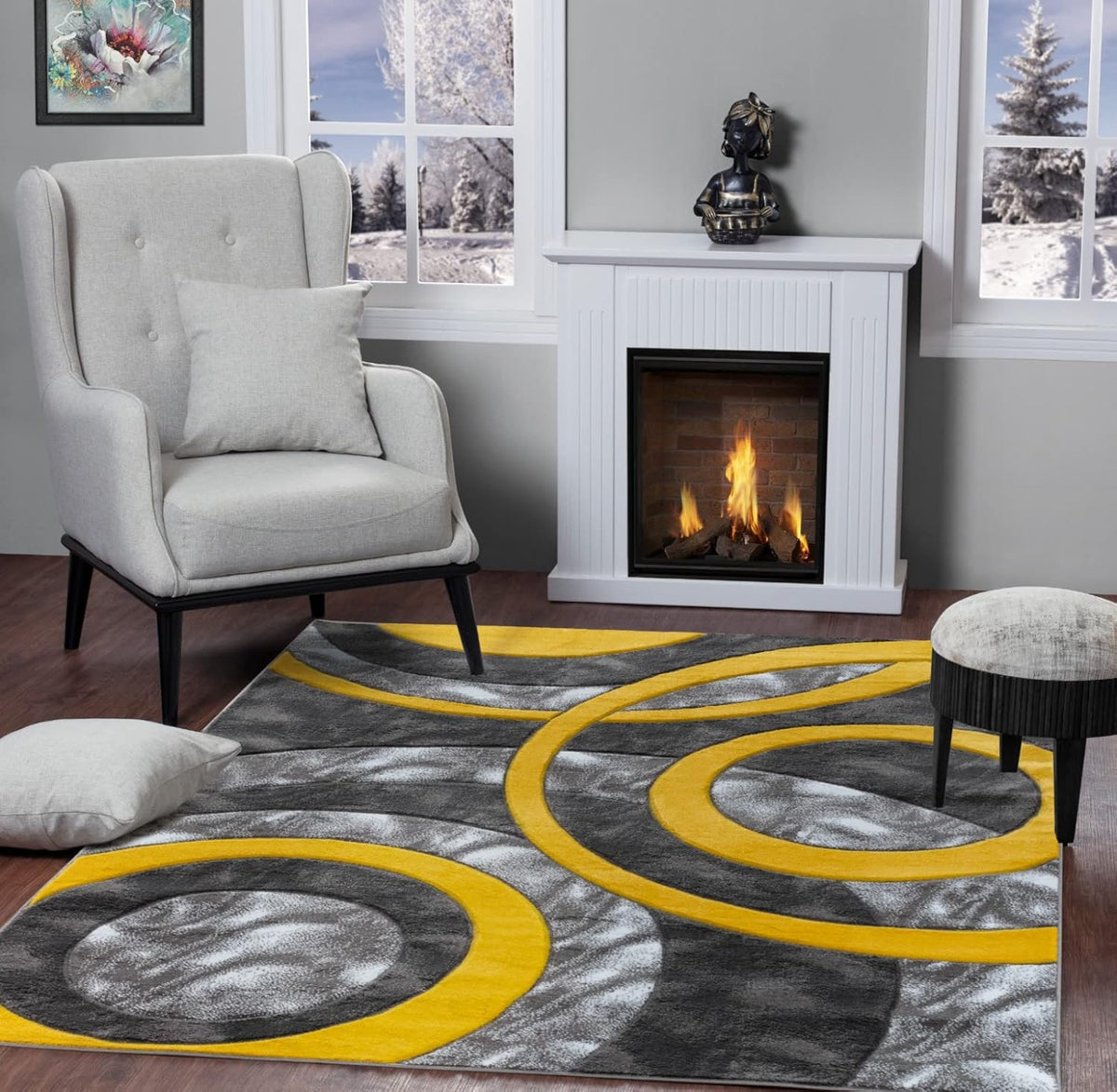 Area Rug Modern 4x6 Yellow Circles Geometry Soft Hand Carved Contemporary Floor Carpet Fluffy Texture for Indoor Living Dining Room and Bedroom Area