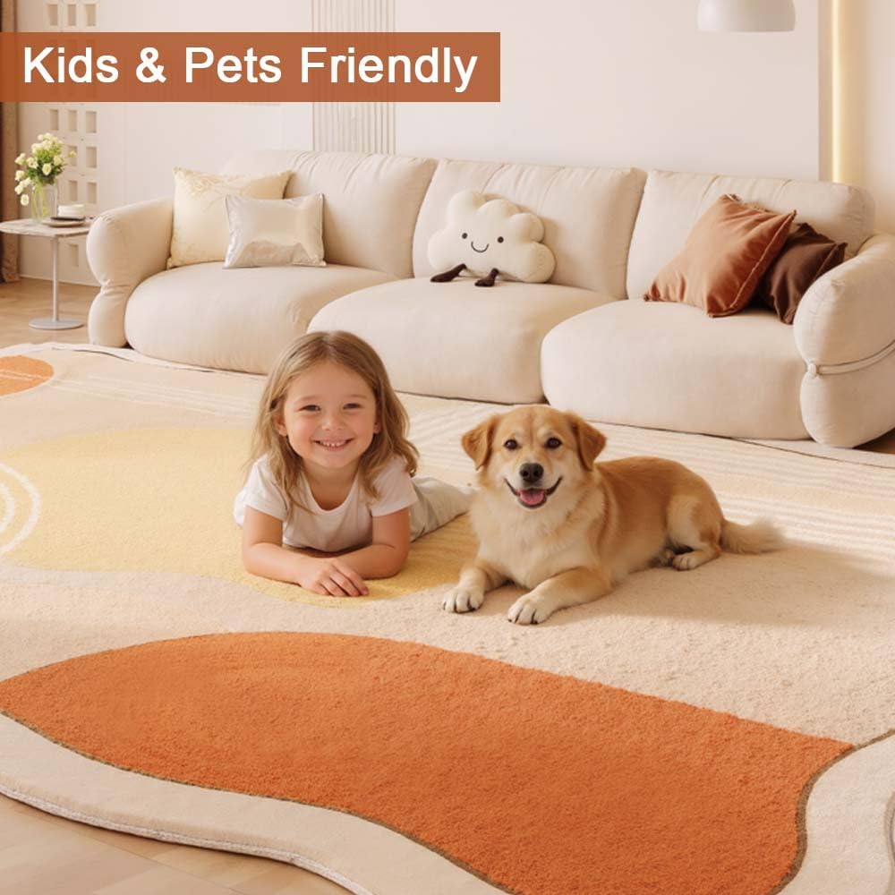 5x7 Unique Minimalist Geometric Cream Style Beige Orange Yellow Irregular Shaped Rug for Living Room Bedroom Diningroom Soft Wool Foldable Quick Dry Carpet Under Table Office Aesthetic Floor Rug