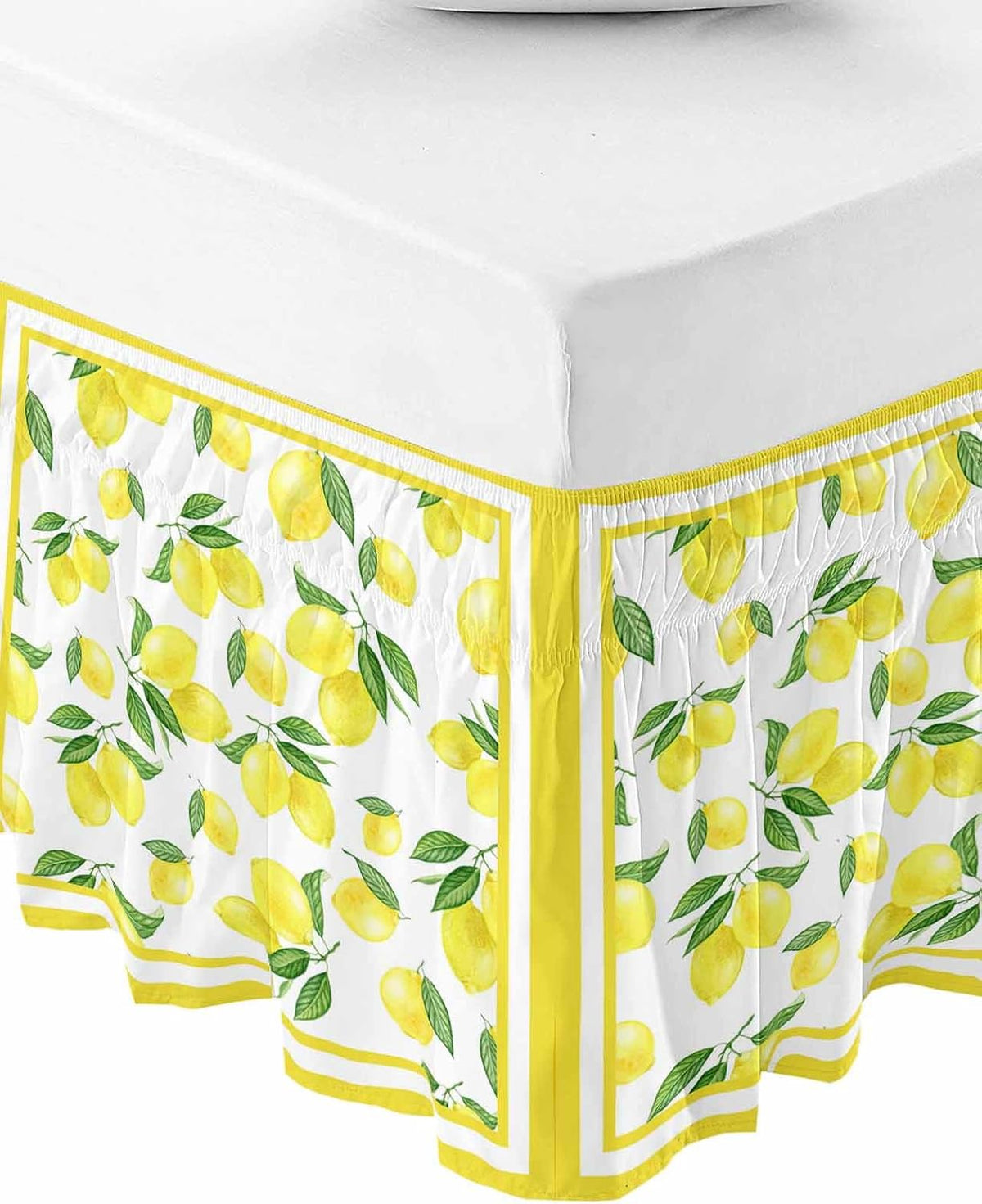 Yellow Lemon Bed Skirt Queen Size 16 Inch Drop, Adjustable Elastic Wrap Around Bed Skirts Easy Fitting Dust Ruffle Bedskirt Bed Frame Cover Summer Watercolor Fruits Leaf