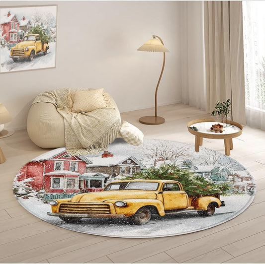 Christmas Round Area Rugs Farm Yellow Truck Winter Snow Scene New Year Holiday Theme Pattern Soft Circle Mat for Living Room Bedroom Low Pile Carpet 23.6 Inch