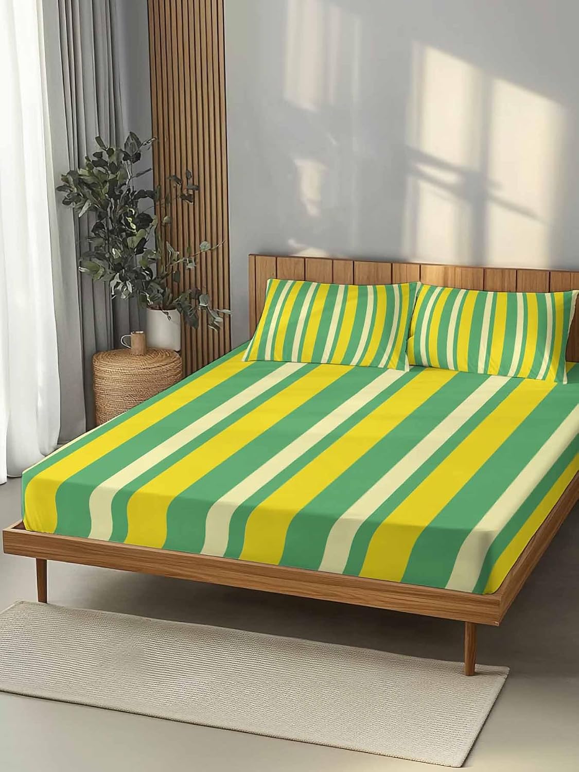 Twin Sze Fitted Sheet Set - Lemon Green Yellow 2 Piece Bedding Sets 16" Deep Pocket Fitted Sheet with 1 Pillowcase, Summer Modern Farmhouse Striped Brushed Microfiber Hotel Luxury Bed Sheets