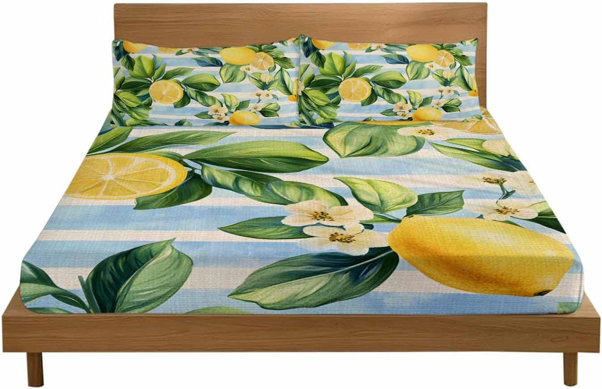 Twin Fitted Sheet and Pillowcase Set, Yellow Lemon Soft Bed Fitted Sheets - Deep Pocket Fits Mattress Up to 16", Summer Botanical Fruit Blue Striped Bedding Set with 1 Pillow Case