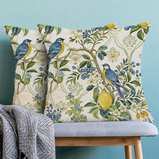 Blue Green Chinoiserie Pillow Covers 18x18 Set of 2 Chinoiserie Bird Floral Throw Pillows Outdoor Decorative Vintage Yellow Lemon Bird Floral Pillowcase Linen Cushion Cases for Bed Sofa Couch