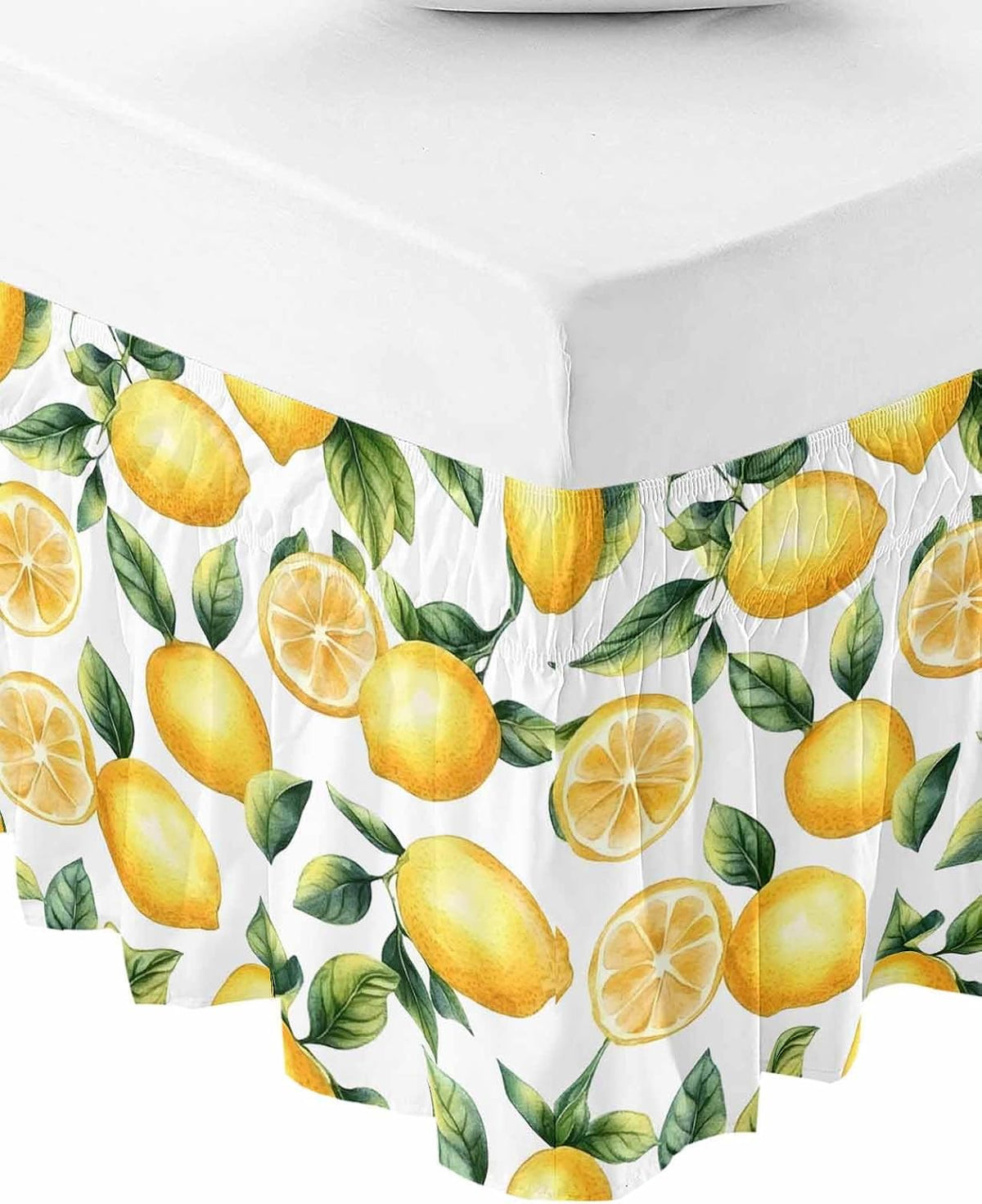 Watercolor Lemon Bed Skirt Queen Size 16 Inch Drop, Adjustable Elastic Wrap Around Bed Skirts Easy Fitting Dust Ruffle Bedskirt Bed Frame Cover Yellow Green Fruit Leaf Painting