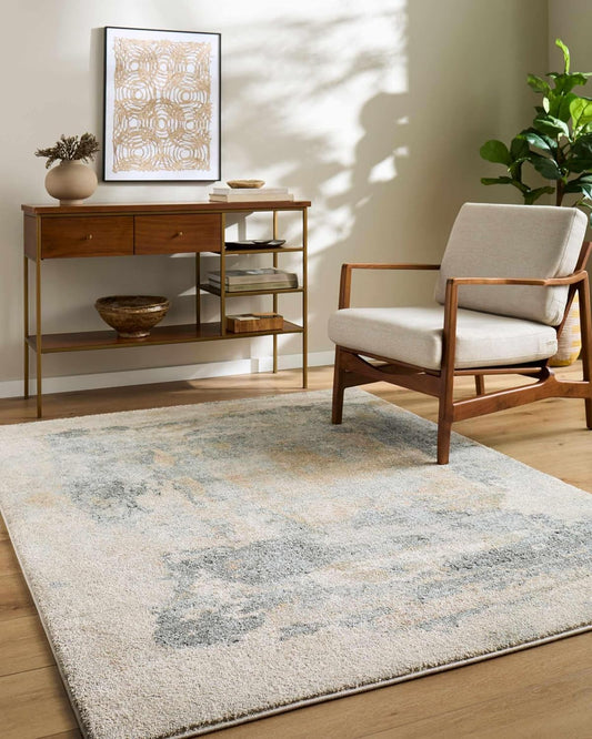 Alanna Area Rug - Abstract Distressed Faded Marble Watercolor - Contemporary Modern Transitional Minimalist Mid-Century - High Pile - Light Gray, Beige, Gray, Cream, Yellow - 5'3" x 7'