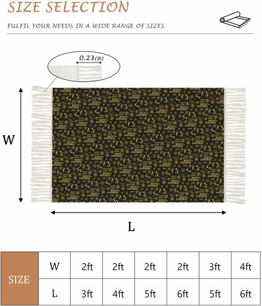 Christmas Black Area Rug 3x5ft Woven Runner Rug,Winter Xmas Yellow Snowflake Retro Washable Living Room Hallway Bedroom Kitchen Carpet with Tassels,Non-Shedding Indoor Throw Door Mat for Entryway