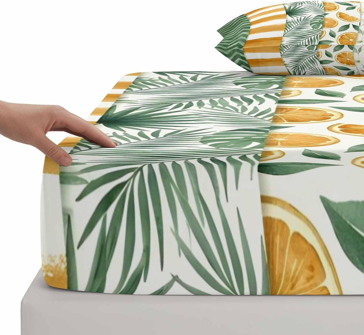 Twin Sze Fitted Sheet Set - Yellow Lemons 2 Piece Bedding Sets 16" Deep Pocket Fitted Sheet with 1 Pillowcase, Summer Botanical Green Leaves Fruits Striped Brushed Microfiber Hotel Luxury Bed Sheets