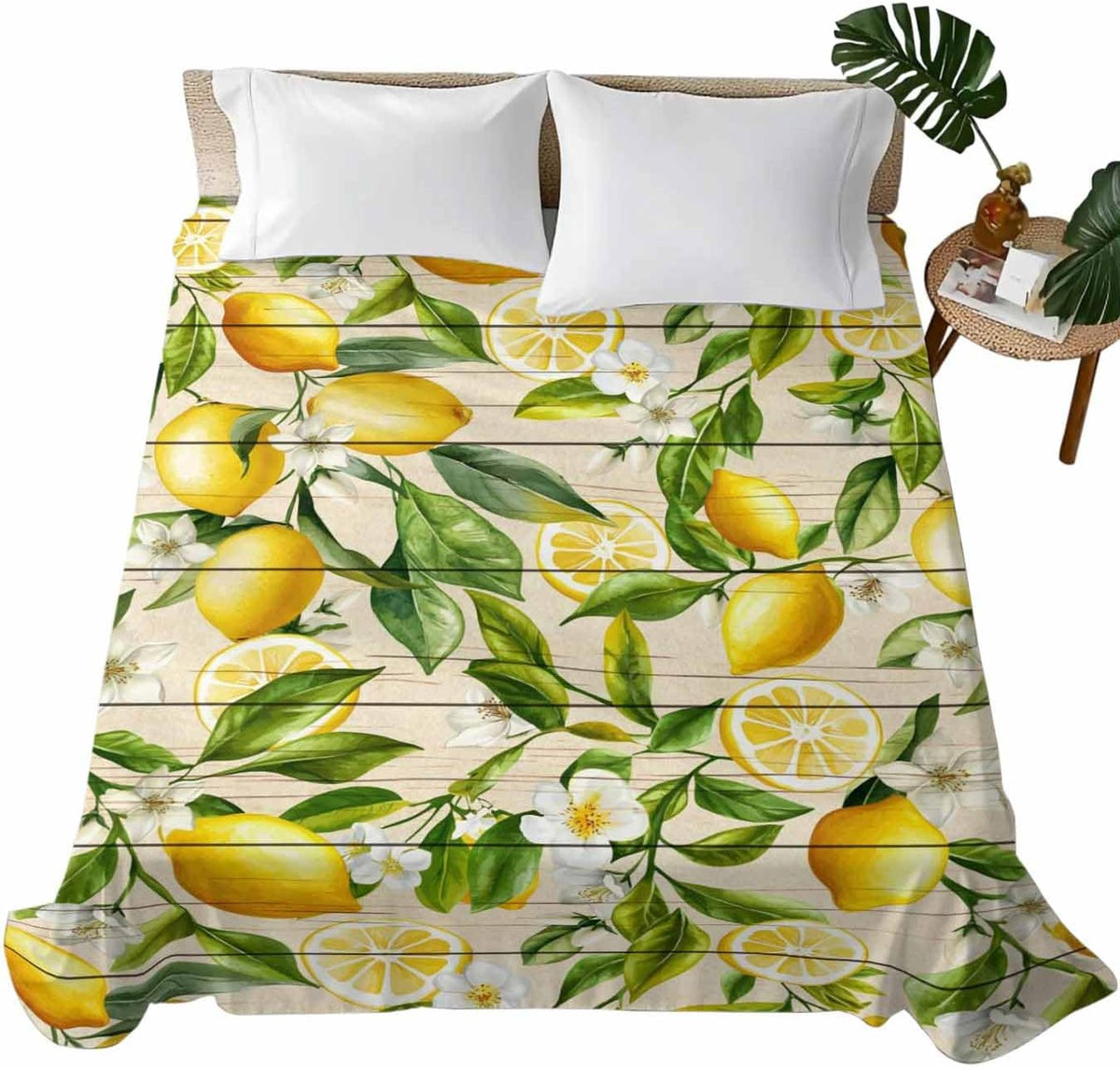 Twin Flat Sheet Only,Farm Fruits Lemon Floral Top Sheet Breathable Soft Brushed Polyester Microfiber Bed Sheets,Yellow Wood Texture Hotel Luxury Bedding Sheets for Women,Men,Teens