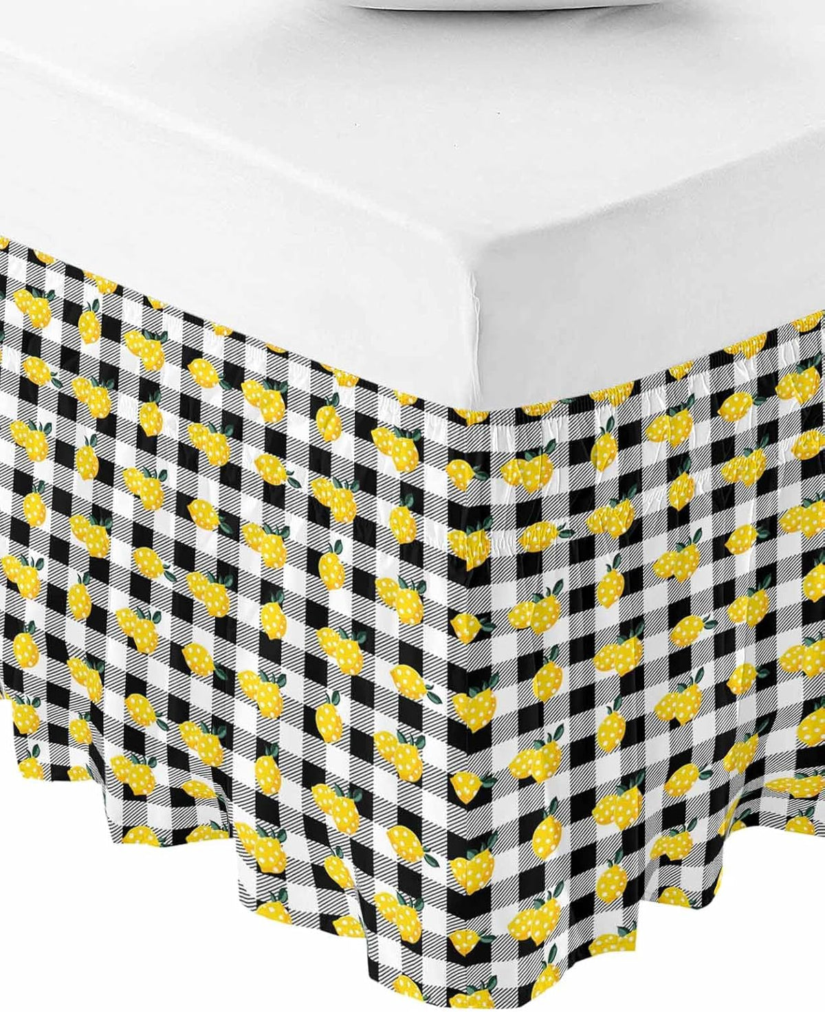 Yellow Lemons Bed Skirt Queen Size 16 Inch Drop, Adjustable Elastic Wrap Around Bed Skirts Easy Fitting Dust Ruffle Bedskirt Bed Frame Cover Summer Botanical Black White Checkered