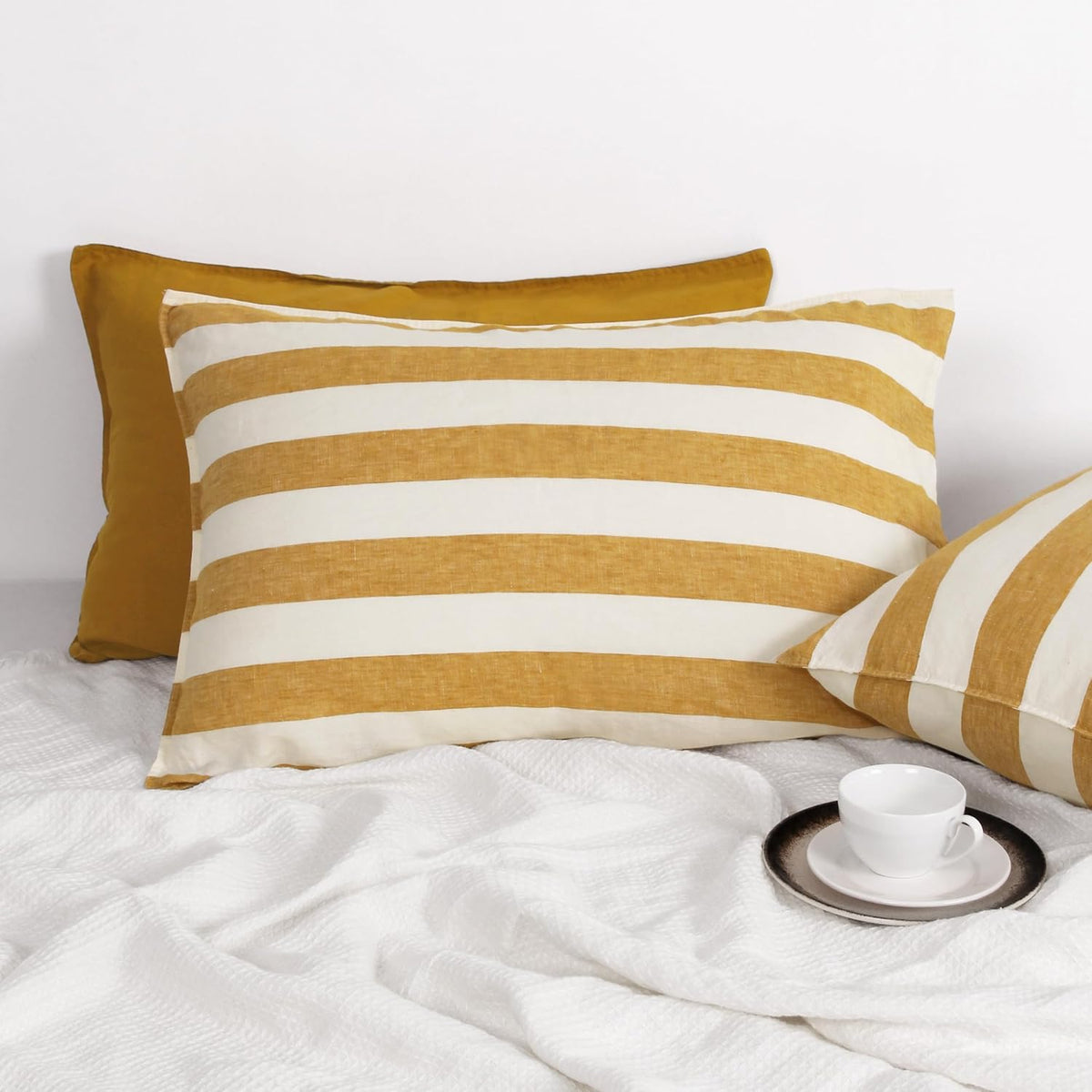 Striped Linen Pillow Cases Set of 2,20"x30" Standard/Queen Size,100% French Natural Flax Soft Linen Pillowcases,Yellow Stripe