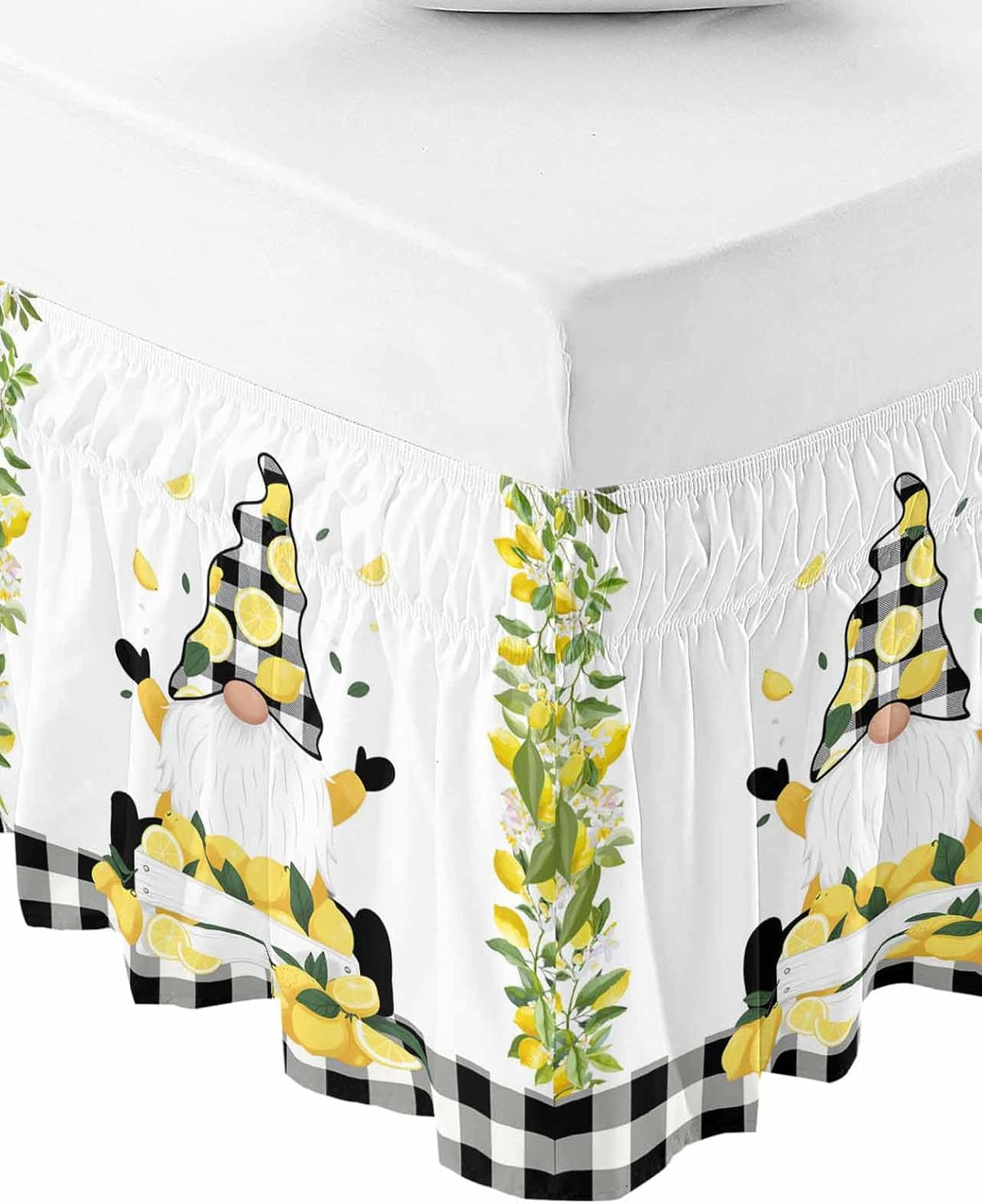 Lemon Gnomes Bed Skirt Queen Size 16 Inch Drop, Adjustable Elastic Wrap Around Bed Skirts Easy Fitting Dust Ruffle Bedskirt Bed Frame Cover Summer Botanical Yellow Fruit Black Lattice