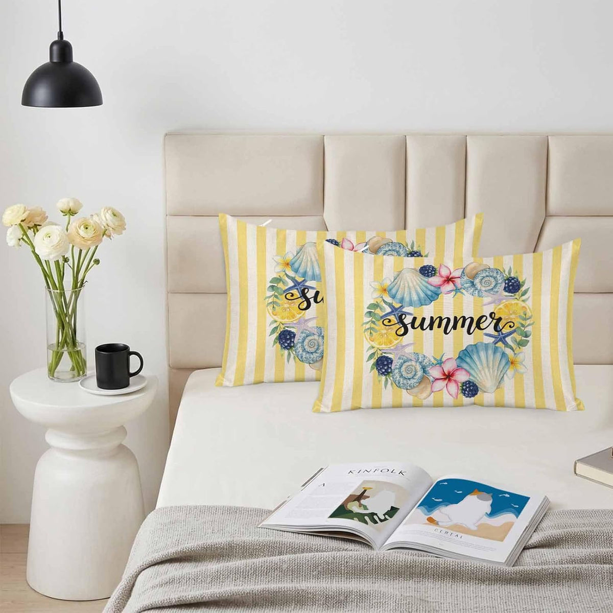 Summer King Standard Pillow Cases Set of 2, Lemons Starfish Flower Stripes Yellow Vintage Satin Pillow Case Cover with Smooth Hidden Zipper Closure, Soft Throw Pillow Covers Cases 20X36 Inch