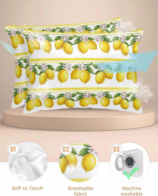 Satin Pillowcases Standard Size, Lemon Summer Silk Pillow Cases for Hair and Skin with Zipper 2 Pack, Watercolor Fruits Yellow Stripes Smooth Throw Pillow Covers for Sleeping, 20"x26"