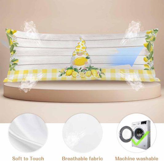 Vintage Fruit Gnome Body Size Pillowcases, Summer Lemon Yellow Buffalo Wooden Satin Pillow Case Cover with Smooth Hidden Zipper Closure, Soft Throw Pillow Covers Cases for Home Decor 20 X 54 Inches