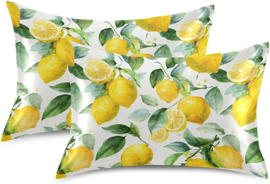 Watercolor Lemon Leaf Satin Pillowcase with Envelope Closure Yellow Standard Size Pillow Case, Silky Pillow Cover for Home Bedroom Sofa 20x26 in
