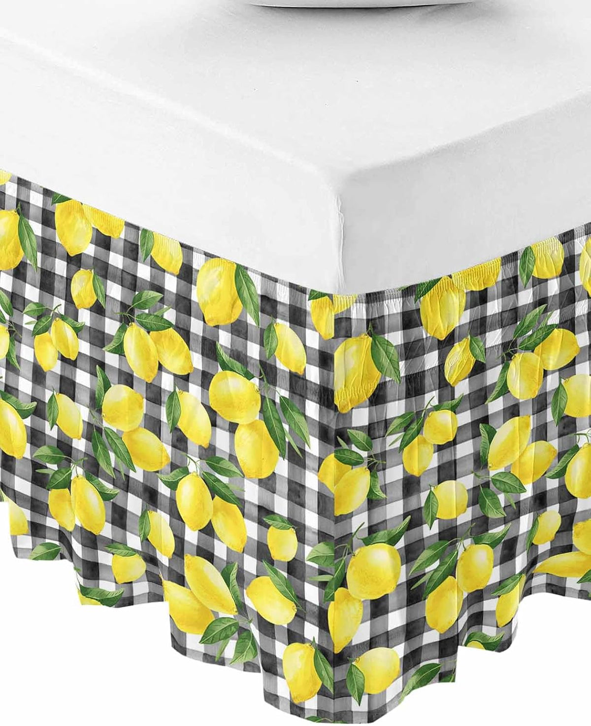Yellow Lemons Bed Skirt Queen Size 16 Inch Drop, Adjustable Elastic Wrap Around Bed Skirts Easy Fitting Dust Ruffle Bedskirt Bed Frame Cover Summer Fruits Leaves Black White Buffalo Plaid