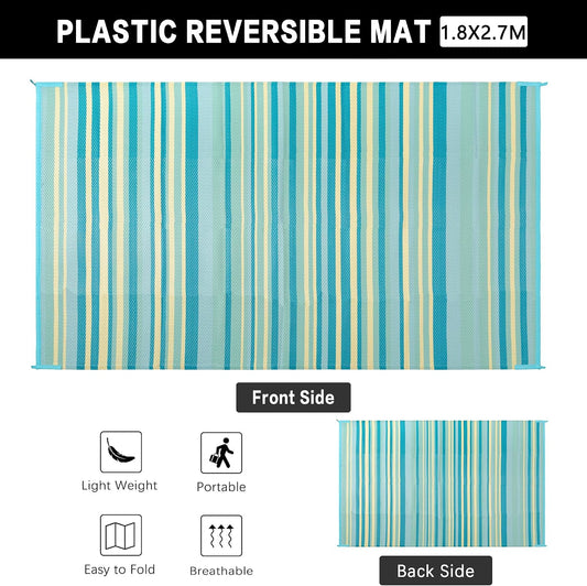 Outdoor Plastic Straw Rug Waterproof Patio 6x9 Teal Yellow Stripe Mat for Porch Camping RV Balcony Deck Courtyard Reversible Lightweight Durable Portable Carpet