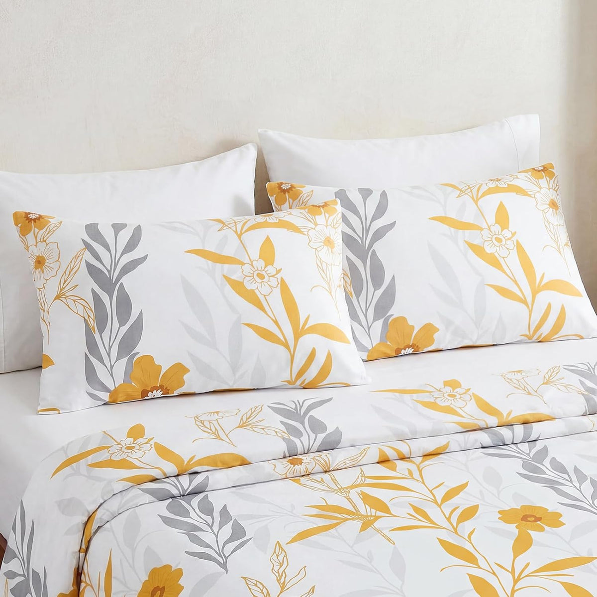 100% Cotton Pillowcases Standard Size Set of 2 Yellow Floral Pillow Covers Flower Leaf Botanical Print Decorative Pillow Cases with Pocket Closure