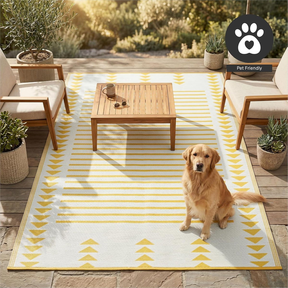 Outdoor Rug - Waterproof, Fade Resistant, Crease-Free - Premium Recycled Plastic - Geometric - Porch, Deck, Balcony, Mudroom, Laundry Room, Patio - Hampton - Yellow Crease Free - 3 x 5 ft