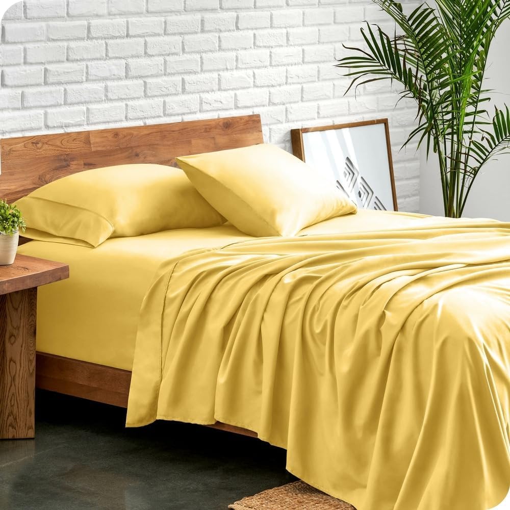 4 Piece Super Soft Luxurious Cooling Bed Sheets Set Queen Size | Plush Silky Feel Fall Hotel Bedding Solid Lemon Yellow Color Cozy Smooth Texture | Wrinkle Fade Resistant Deep Pocket Sheet